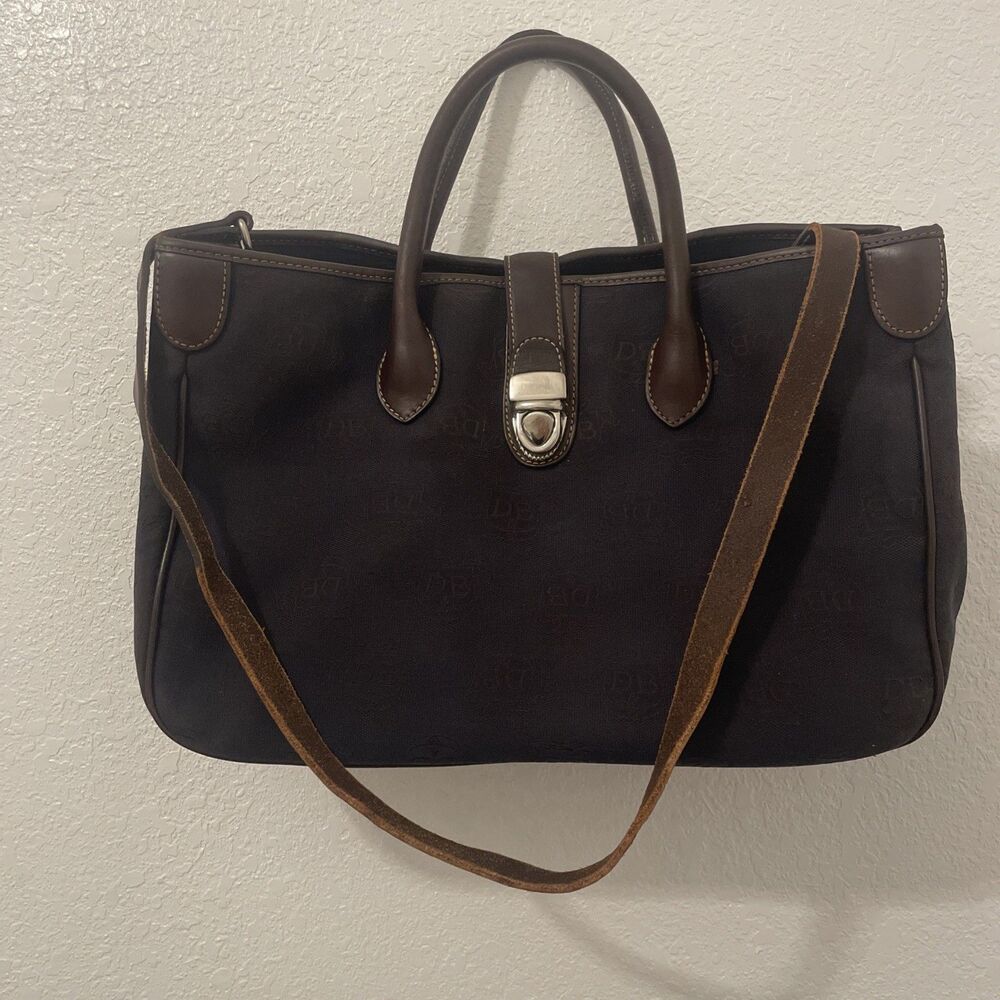 Vtg Dooney & Bourke Blue Signature Canvas Leather Trim Satchel Shoulder Bag See